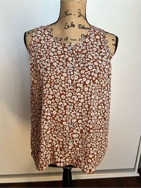 CAbi Brown Floral Lark Racer Back Tank Top, Button Up, Style #4358